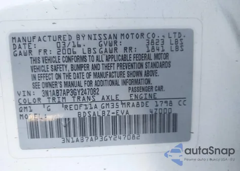 2016 Nissan Sentra Fe+ S/S/Sl/Sr/Sv из США, поврежденный, VIN 3N1AB7AP3GY247082